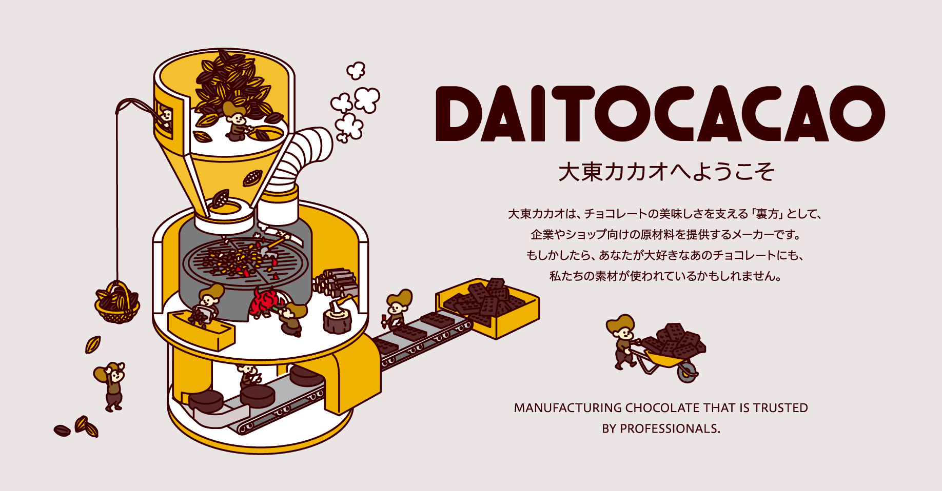 DAITOCACAO　大東カカオへようこそ大東カカオは、チョコレートの美味しさを支える「裏方」として、企業やショップ向けの原材料を提供するメーカーです。もしかしたら、あなたが大好きなあのチョコレートにも、私たちの素材が使われているかもしれません。